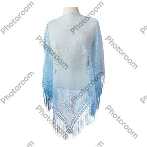 Light Blue Crochet Fringe Shawl